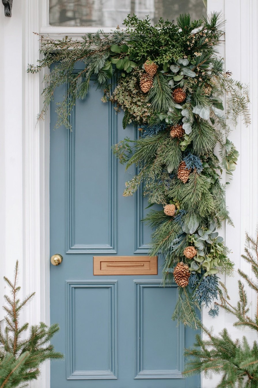 Tür mit winterlicher Girlande aus Tannenzweigen, Zapfen und Eukalyptus