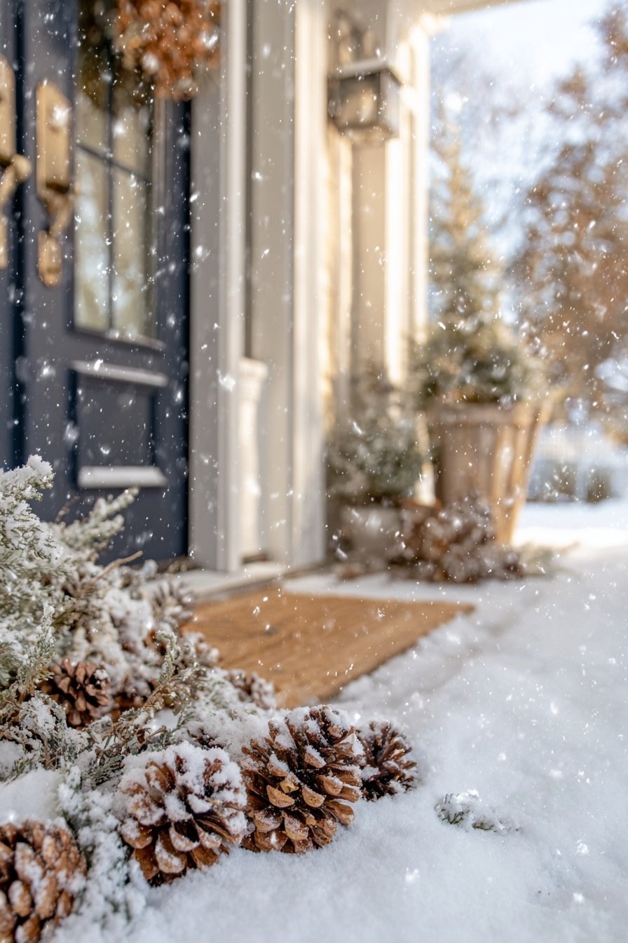 Verschneite Haustüre mit winterlicher Deko aus Tannenzapfen und kleinen Bäumchen