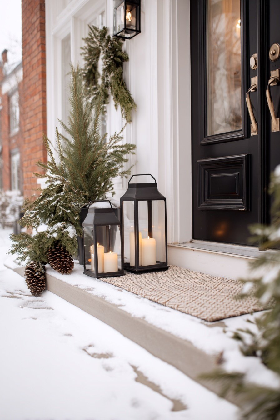 Winterlich dekorierter Hauseingang mit Windlichtern, Tannenzweigen und Zapfen
