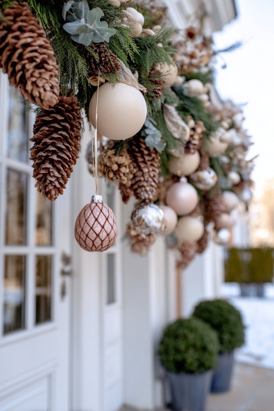Detail einer winterlich geschmückten Haustüre mit Tannenzapfen, Kugeln und Grün