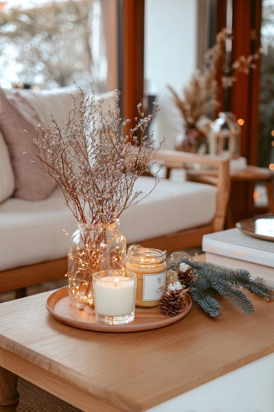Kerzen, Glasvase mit Zweigen und Lichterkette auf Holztablett im gemütlichen Wohnzimmer