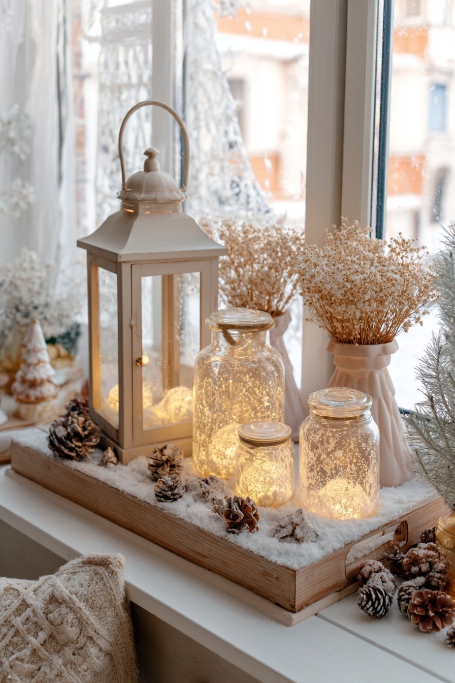 Winterliche Fensterbankdeko mit beleuchteten Gläsern, Laterne, Tannenzapfen und Trockenblumen