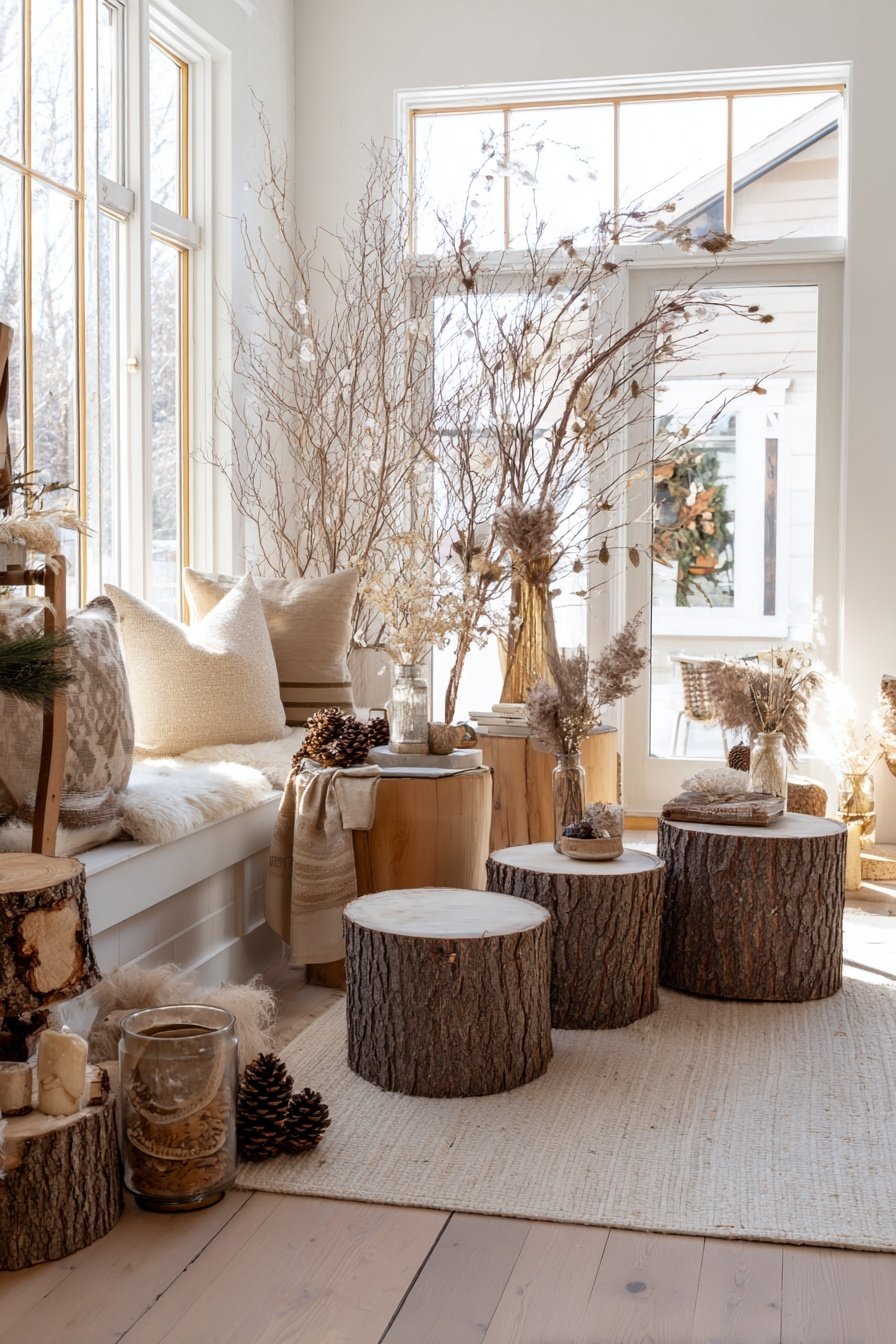 Gemütlich dekorierter Winterraum mit Holzstämmen, Trockenästen und Kissen