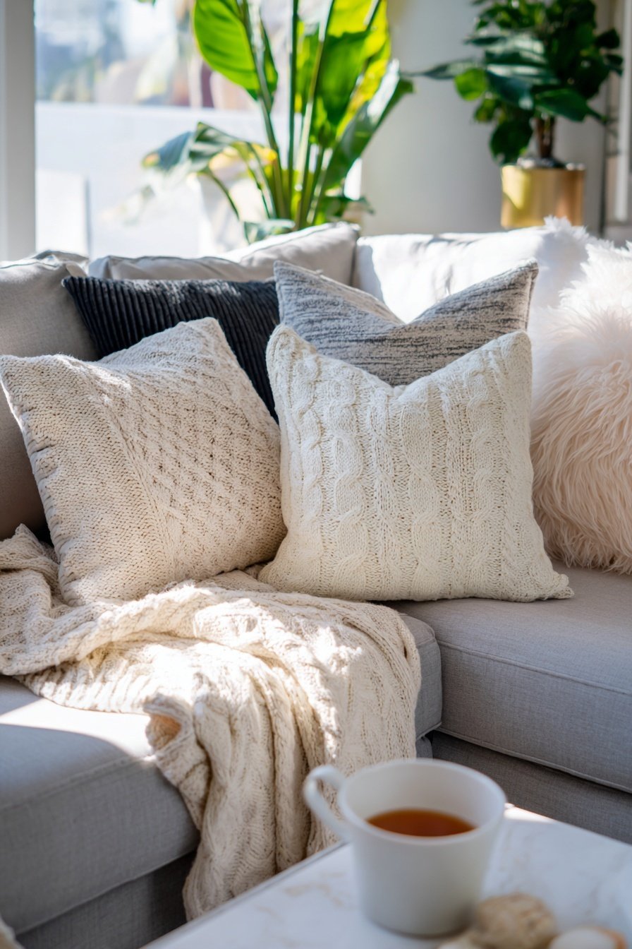 Gemütliche Sofaecke mit Strickkissen und Decke in Winterfarben