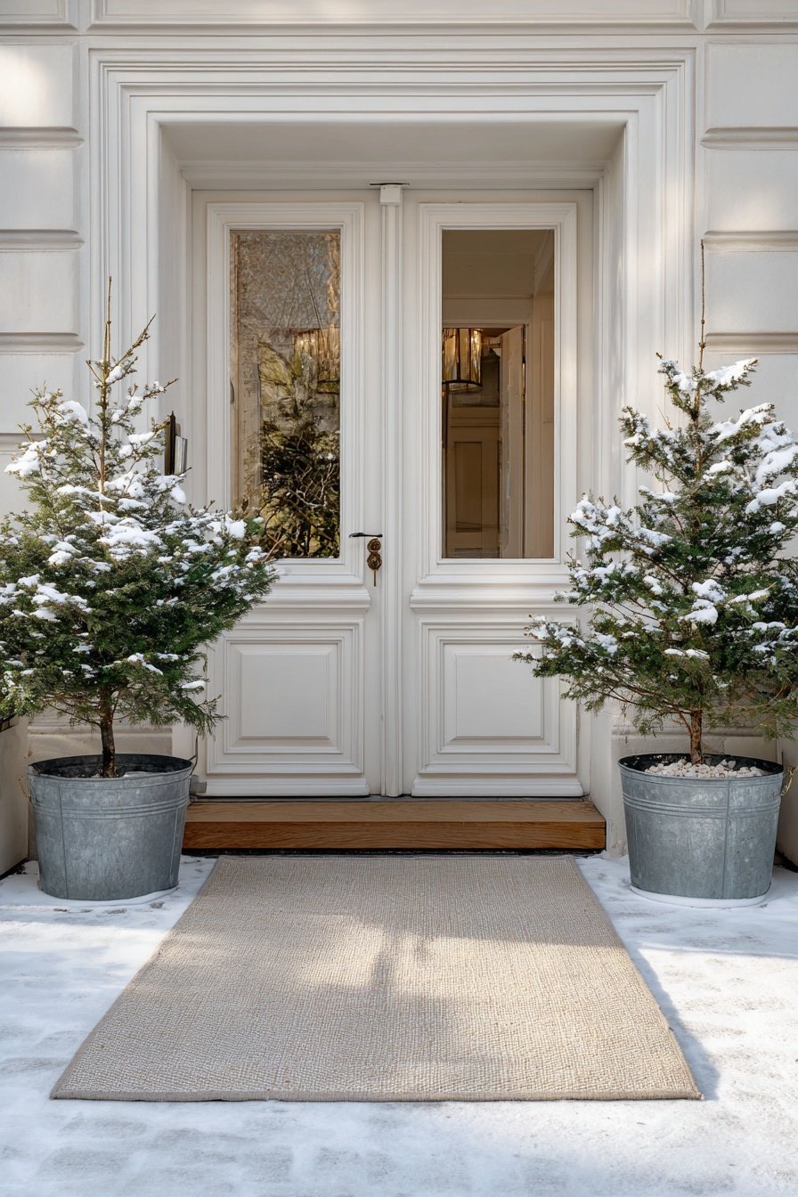 Mit Schnee bedeckte Tannen in Zinkkübeln vor einer weißen Haustür