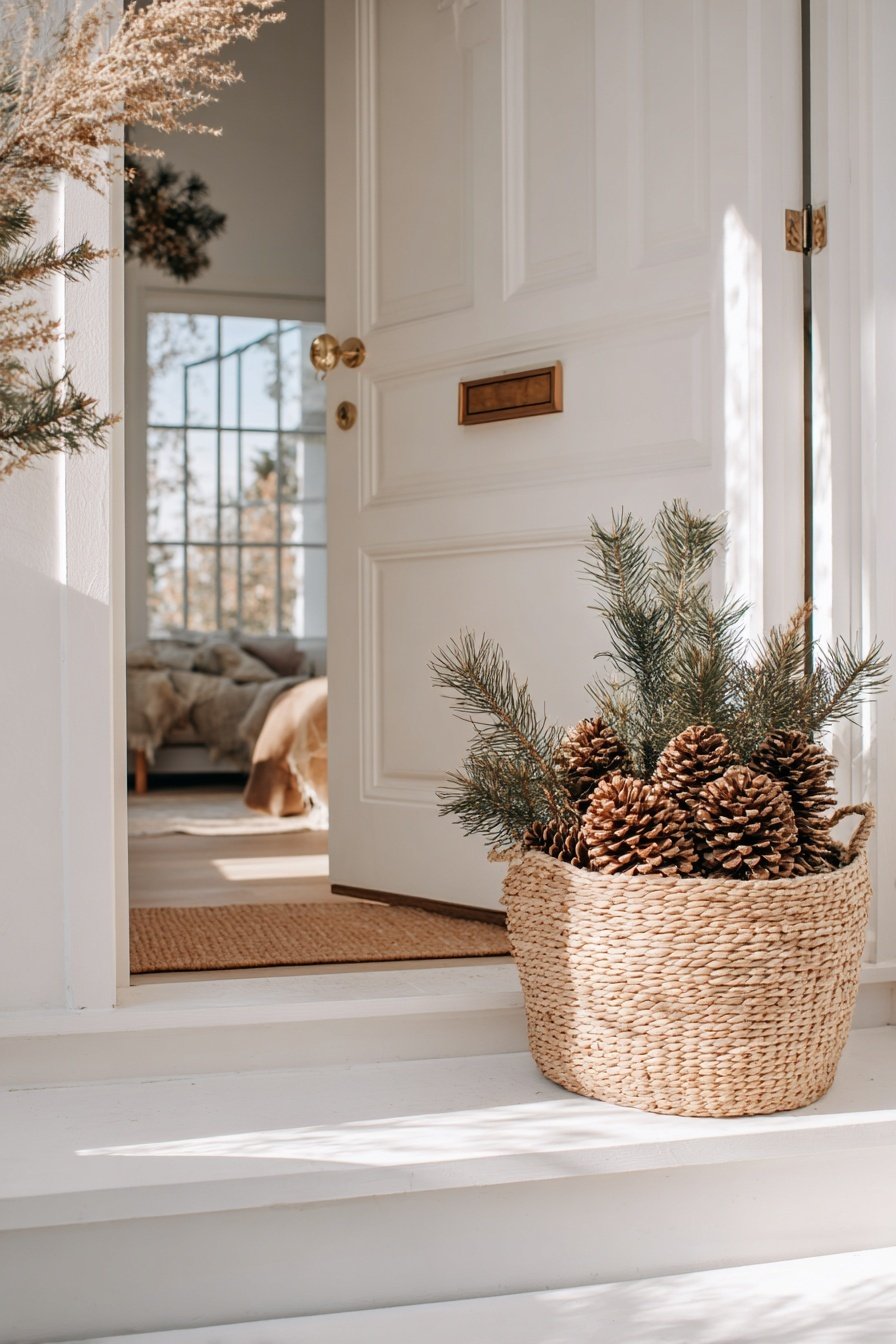 Korb mit Tannenzweigen und großen Zapfen vor einer offenen Haustür