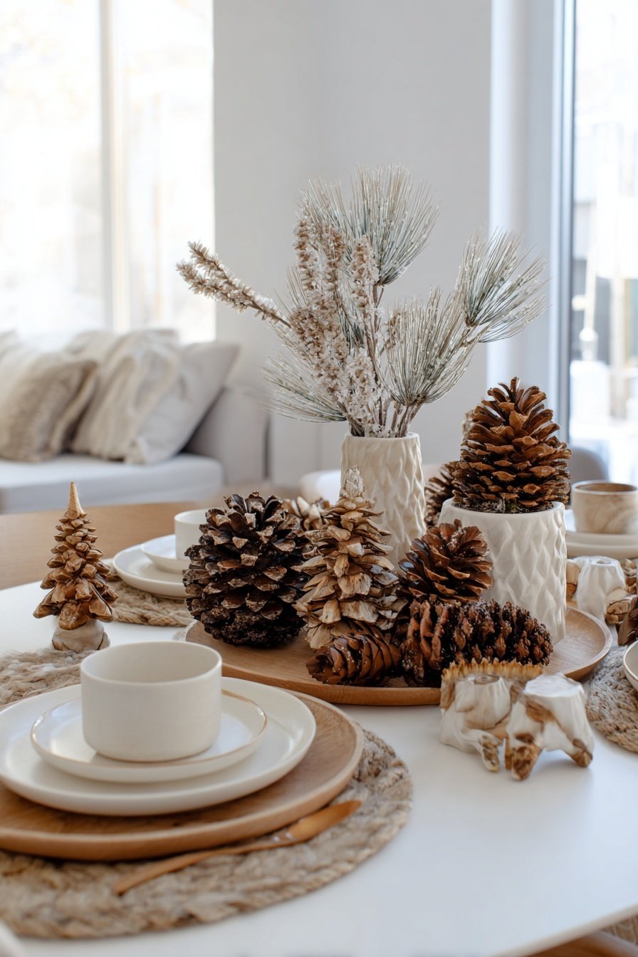 Winterlich dekorierter Tisch mit Tannenzapfen, Keramik und Naturmaterialien