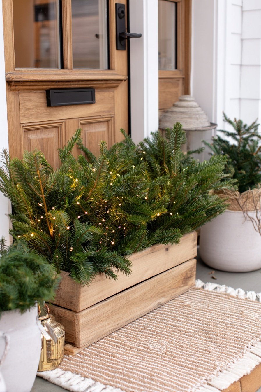 Holzbox mit Tannenzweigen und Lichterkette vor einer Haustür