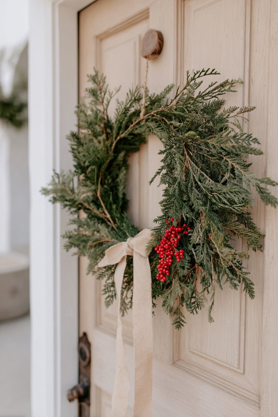 Winterkranz aus Tannenzweigen mit Schleife und roten Beeren an Holztür