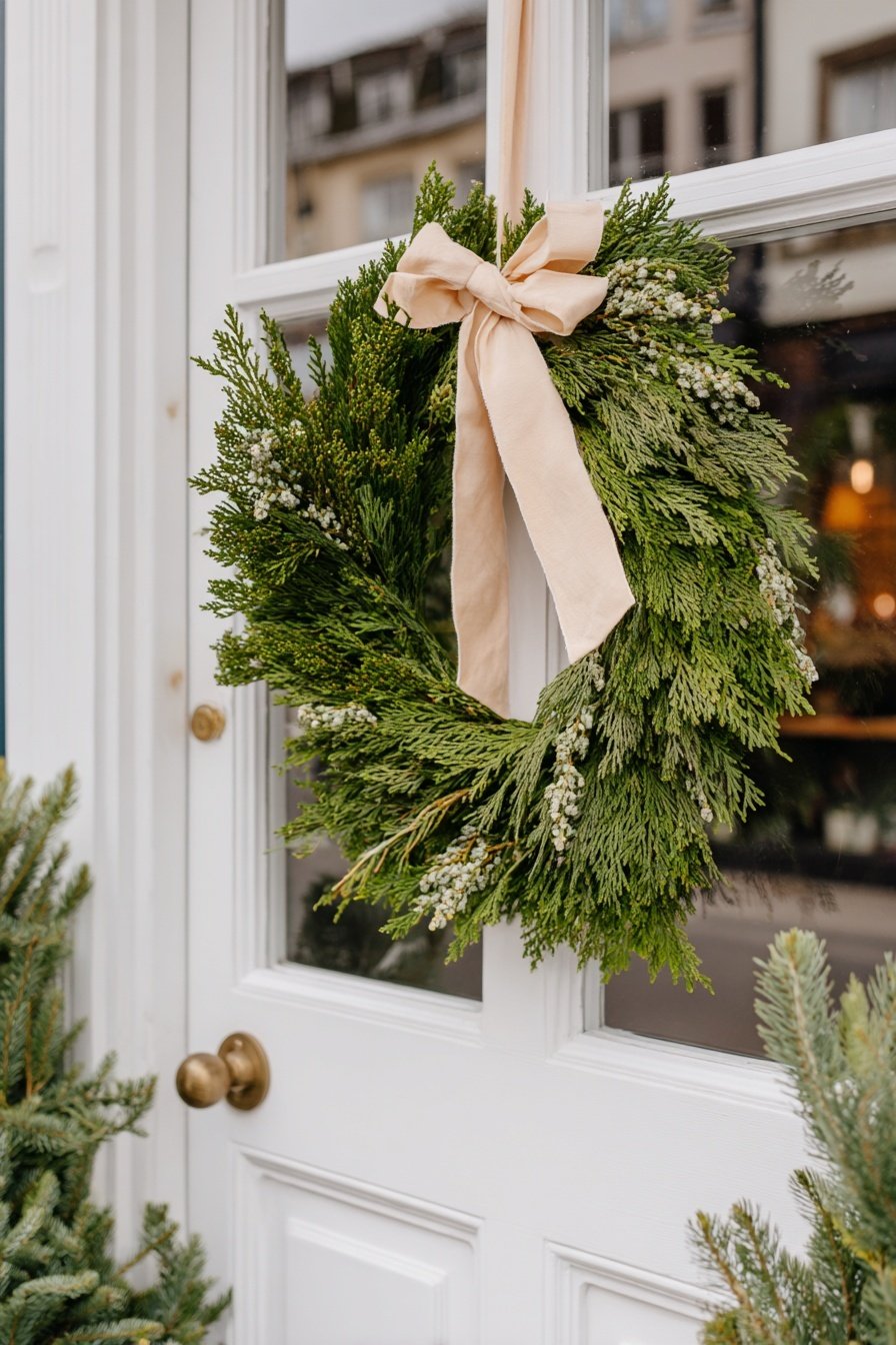 Tür mit grünem Winterkranz und beigefarbener Schleife