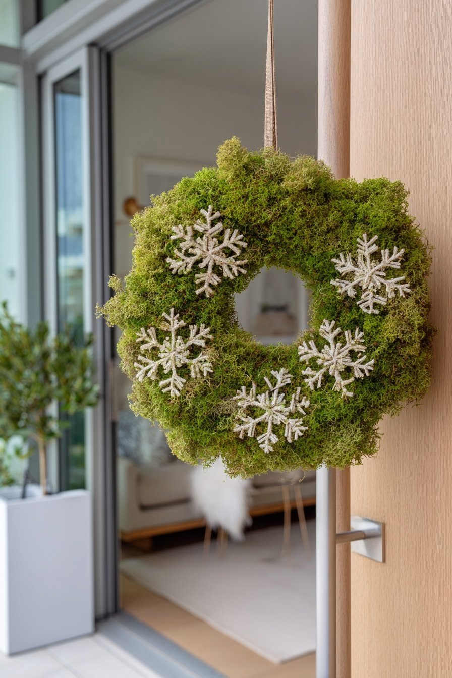 Grüner Moos-Kranz mit weißen Schneeflocken hängt an einer Haustür