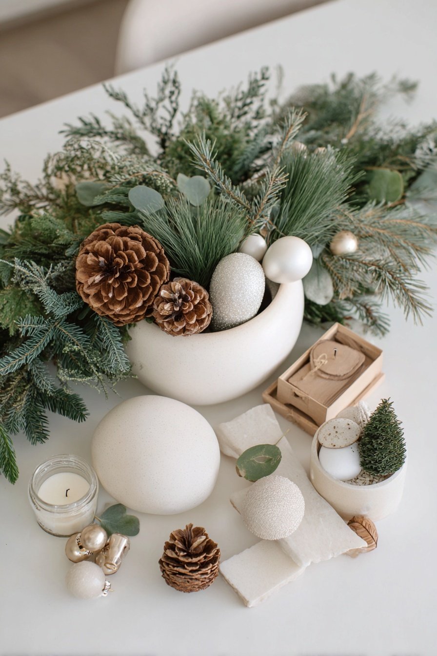 Natürliche Winterdeko mit Tannenzweigen, Zapfen und Kugeln auf einem Tisch arrangiert