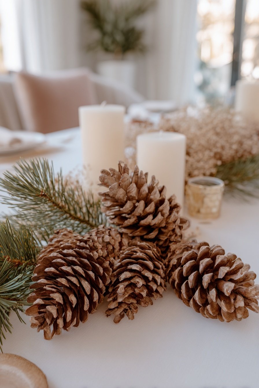 Tannenzapfen, Tannengrün und Kerzen als Wintertischdeko