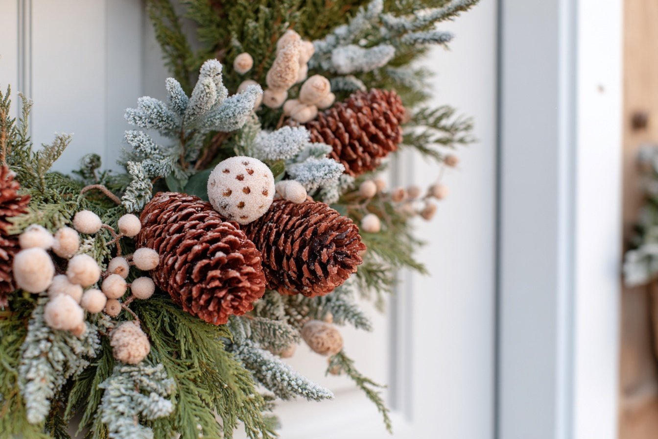 Nahaufnahme einer Winterdeko aus Zapfen und verschneiten Zweigen an einer Haustüre