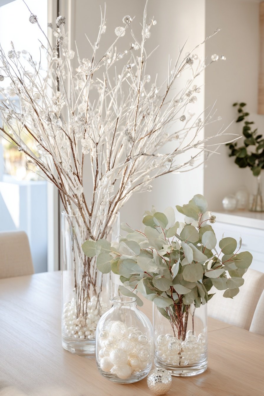 Glasvasen mit weißen Zweigen, Eukalyptus und Perlendeko auf einem Holztisch