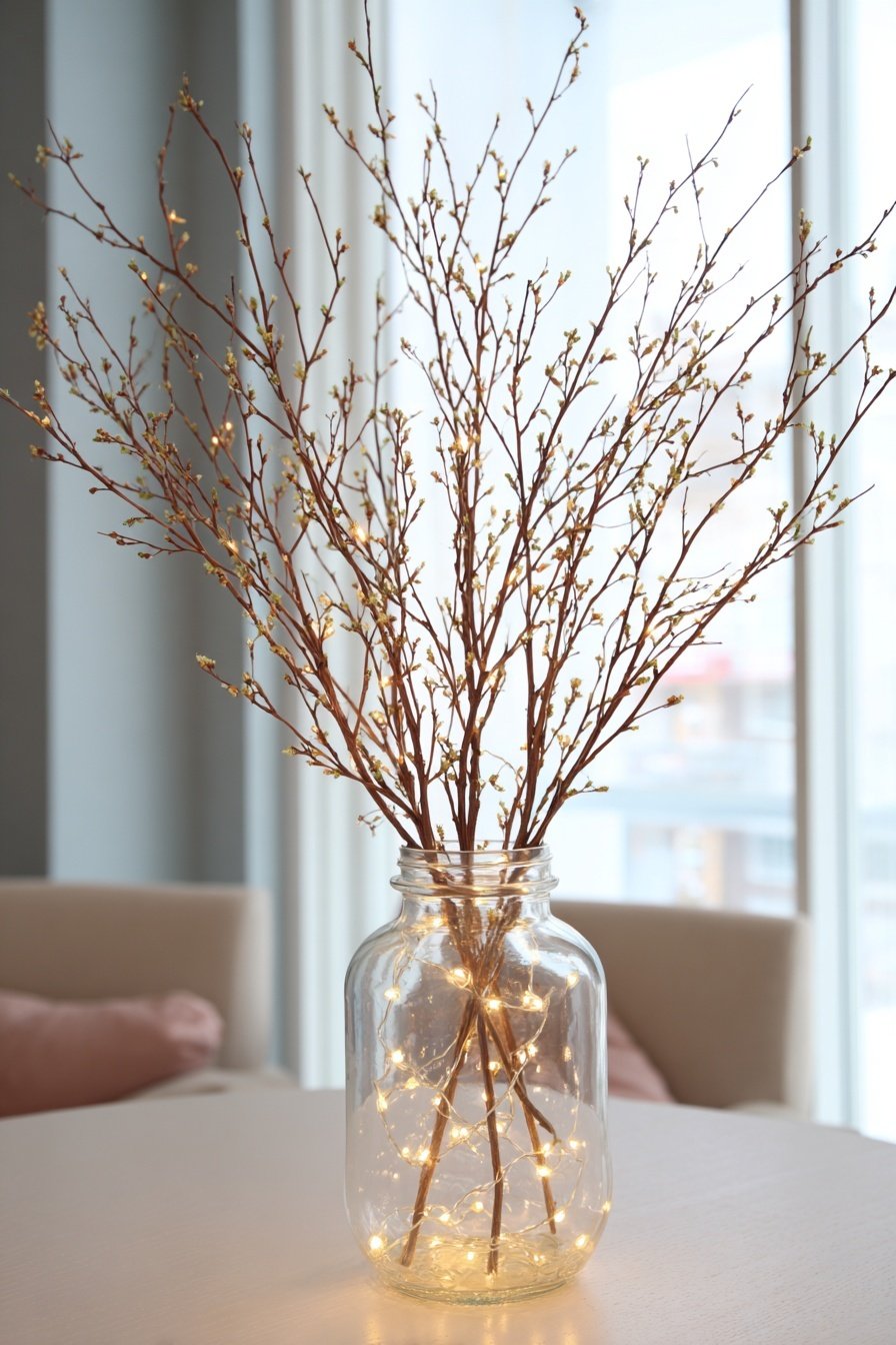 Zweige mit Lichterkette in einem Glas als winterliche Deko
