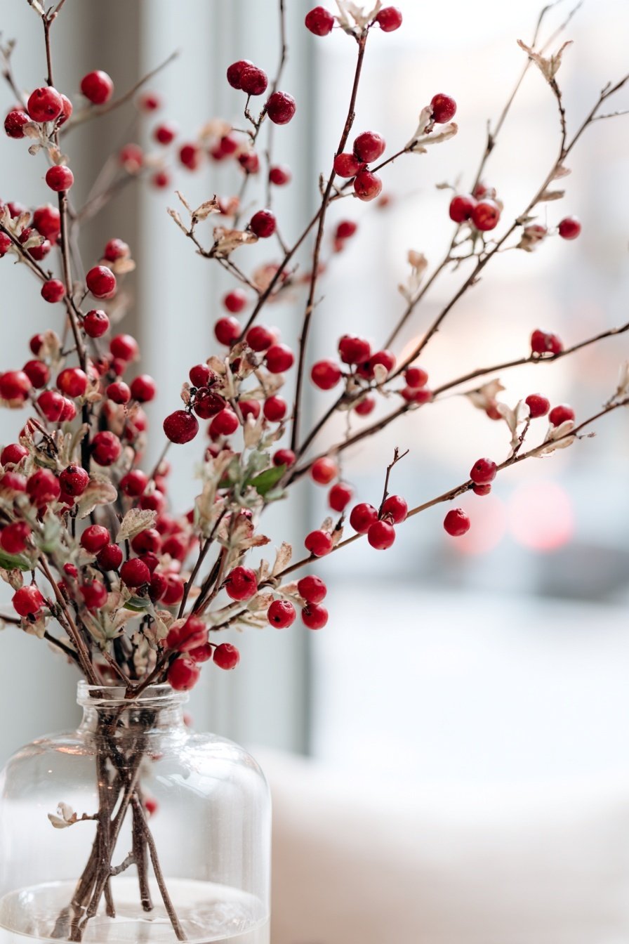 Rote Beerenzweige in einer Glasvase vor einem verschwommenen Winterhintergrund
