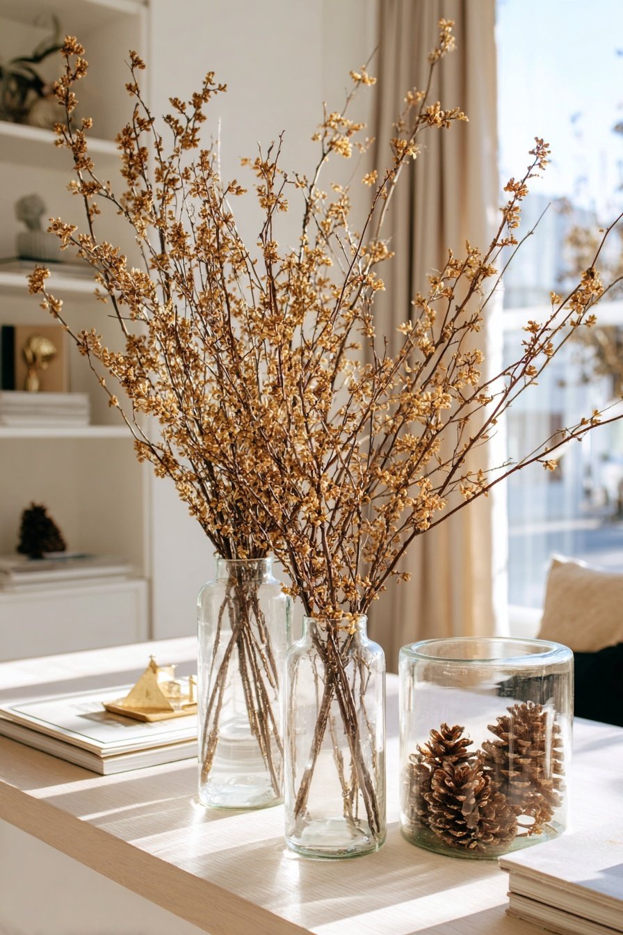 Zweige in Glasvasen und Tannenzapfen in einem Glasgefäß auf einem hellen Holztisch