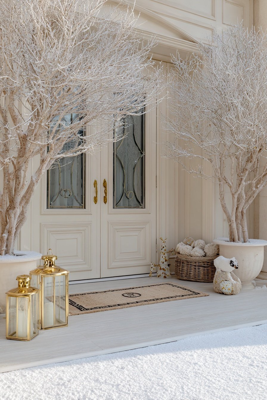 Winterlich dekorierter Hauseingang mit vereisten Bäumen, goldenen Laternen und Korb mit Strickkugeln