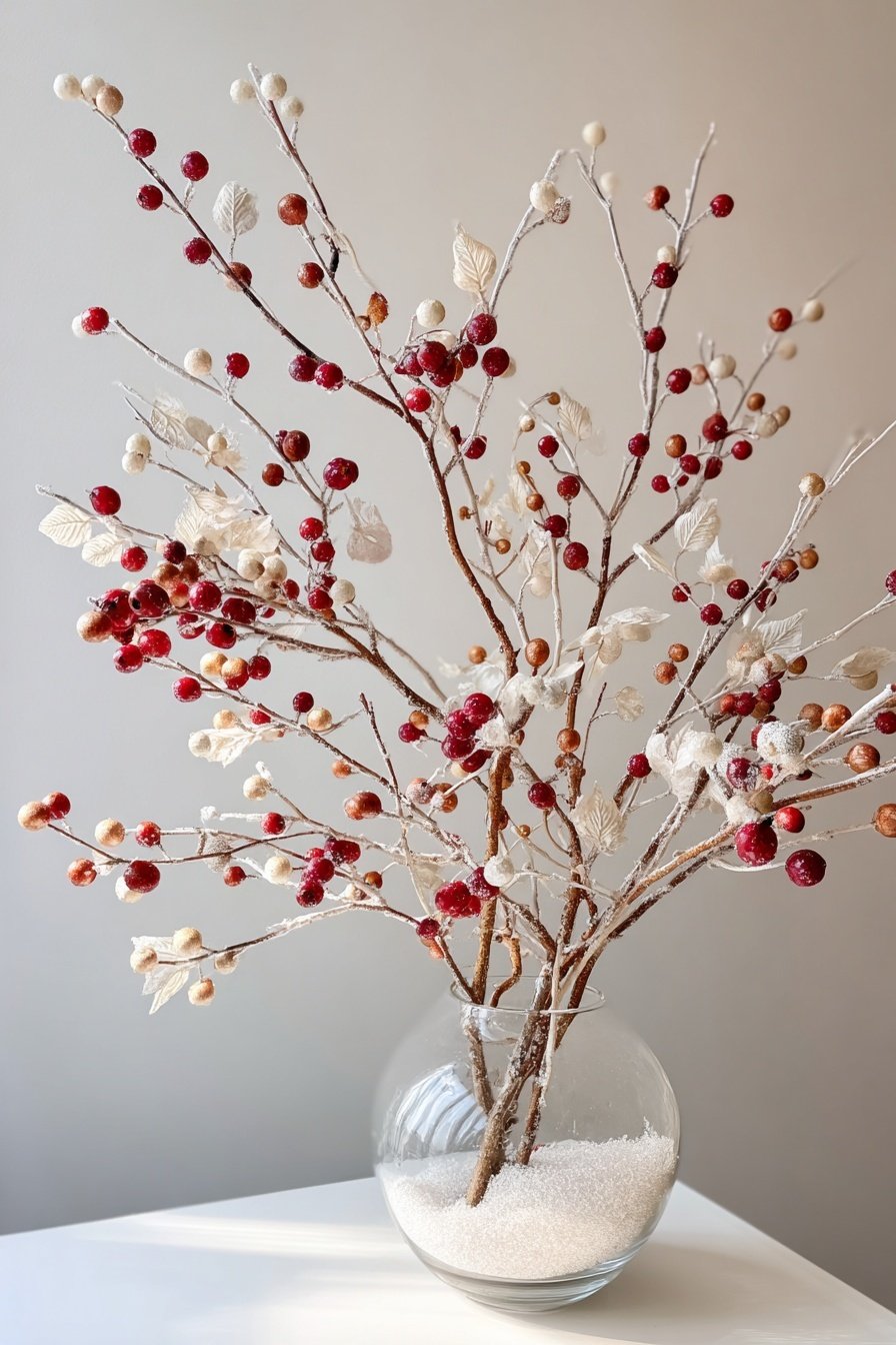 Winterliche Deko mit roten und weißen Beerenzweigen in Glasvase mit Kunstschnee