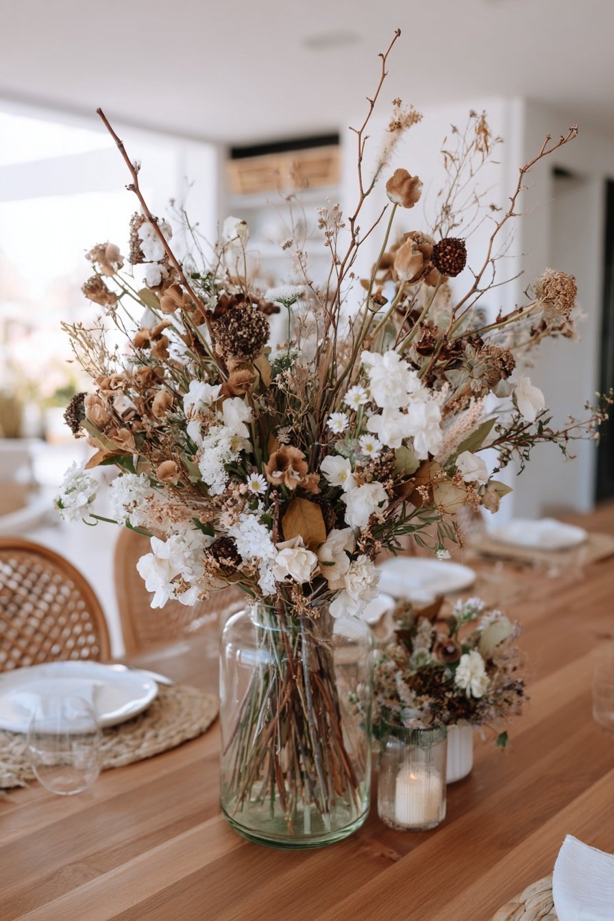 Dekorativer Strauß aus getrockneten Ästen, Blüten und Zweigen in Glasvase auf einem Holztisch