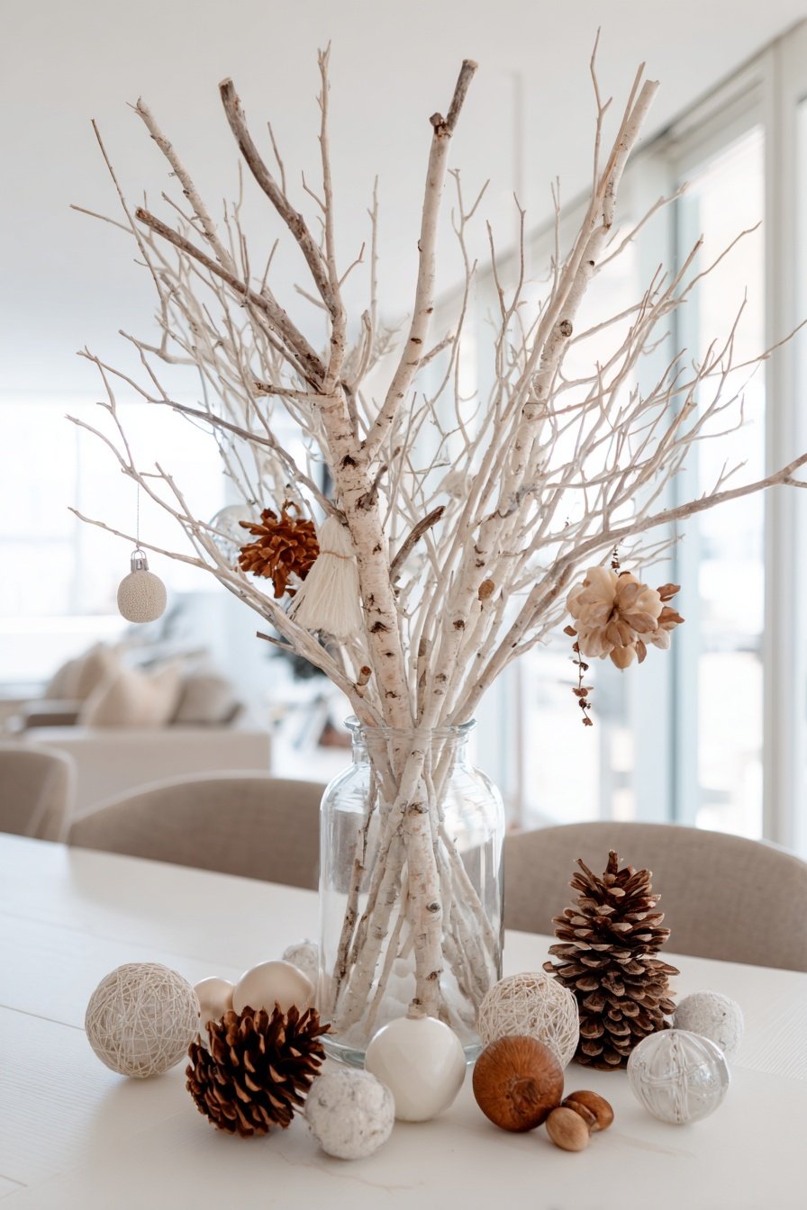 Weiße Zweige in einem Glasgefäß mit Zapfen und Deko-Kugeln arrangiert