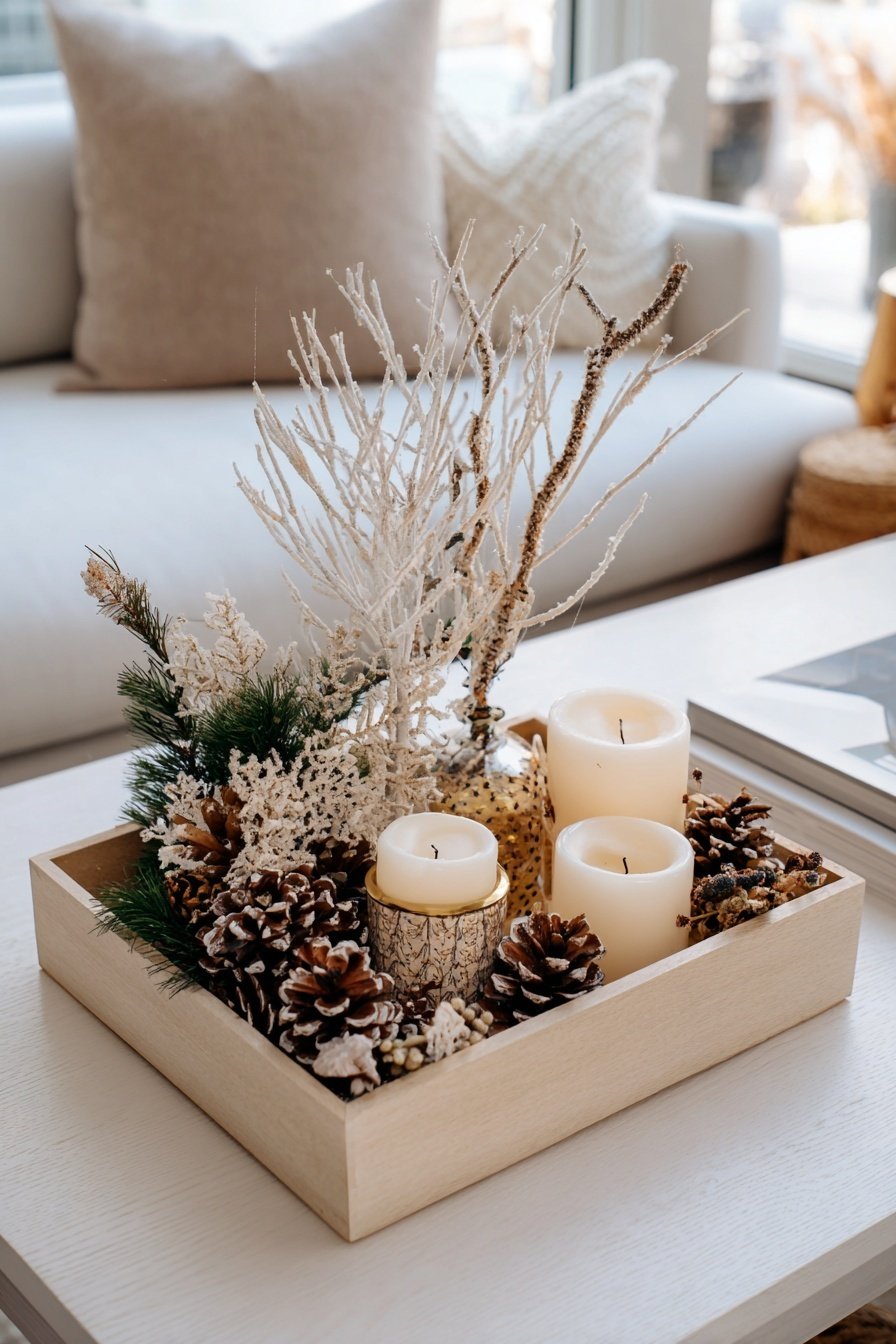 Dekotablett mit weißen Kerzen, Tannenzapfen und winterlich dekorierten Zweigen