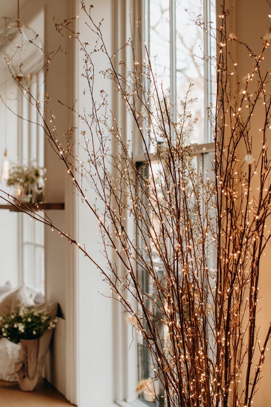 Beleuchtete Zweige als winterliche Deko vor einem Fenster