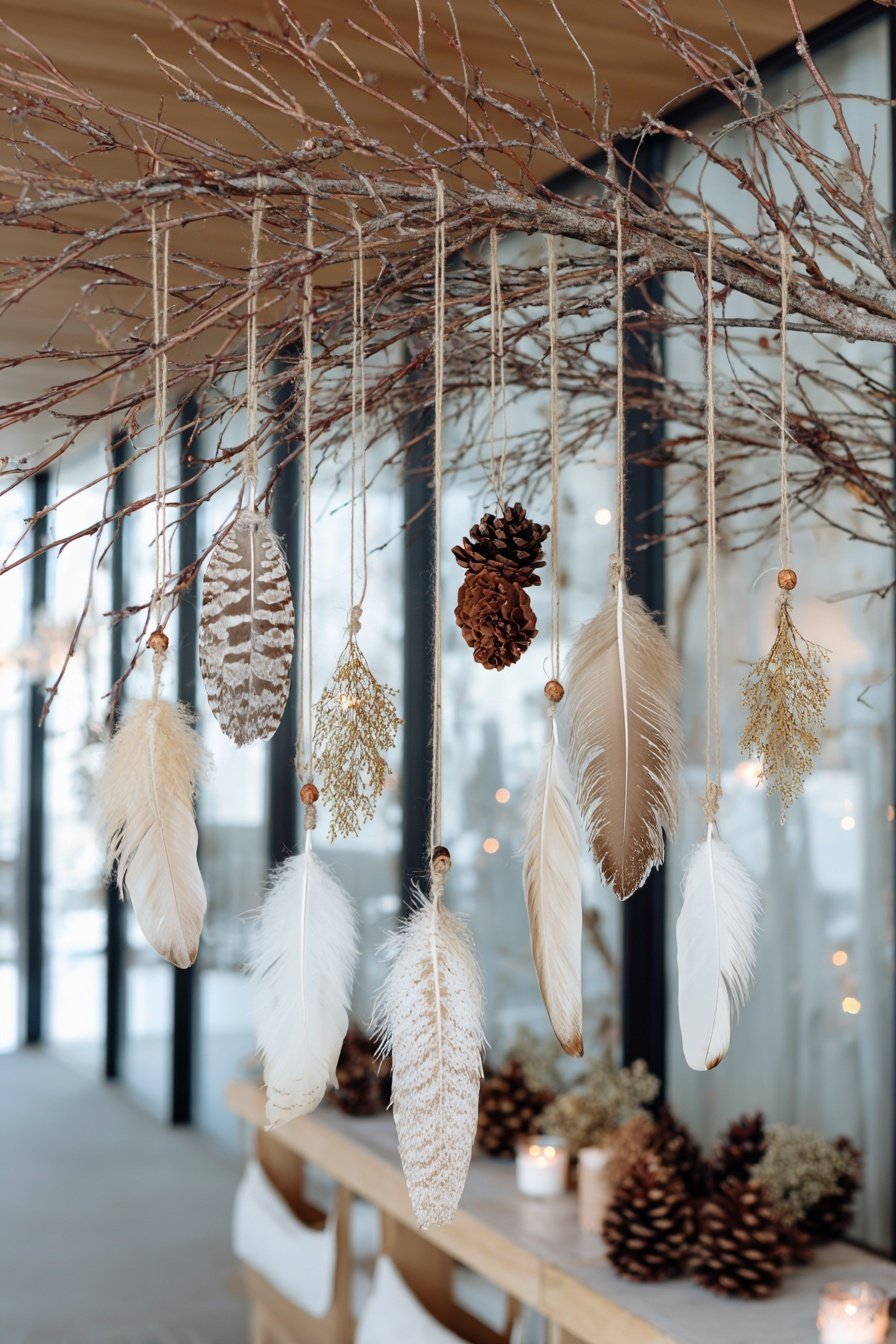 Deko-Mobile aus Zweigen mit Federn, Zapfen und kleinen Naturmaterialien