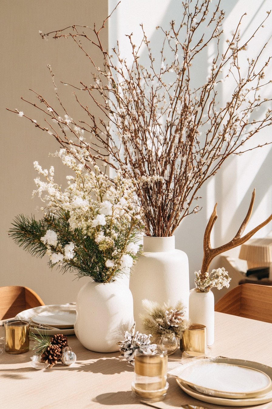 Winterlich dekorierter Tisch mit weißen Vasen, Ästen, Zweigen, Tannengrün und Zapfen