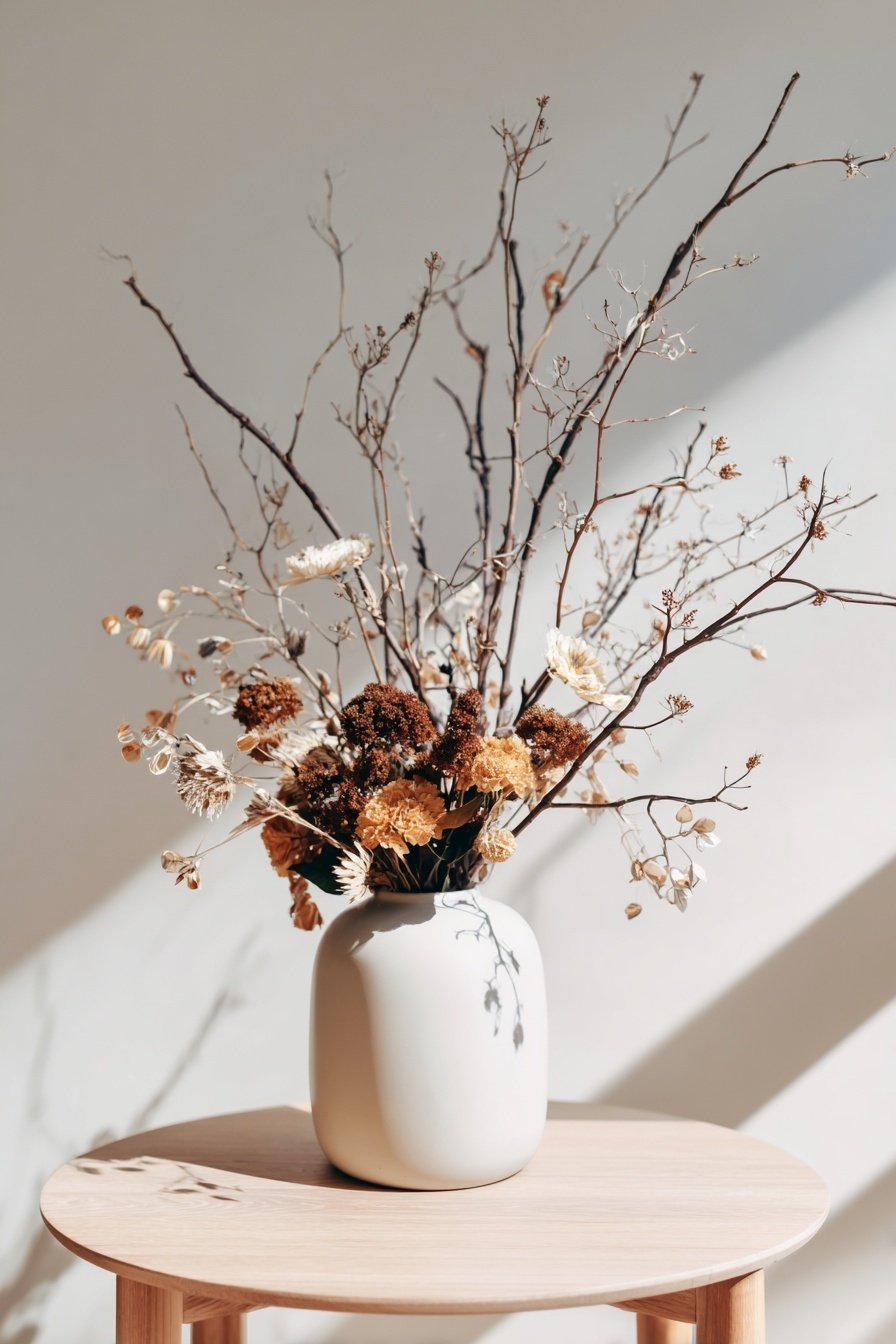Zweige und getrocknete Blumen in weißer Vase auf Holz­tisch