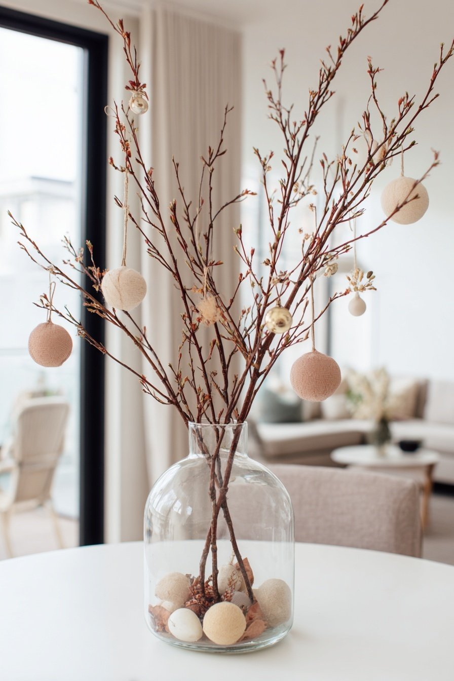 Winterliche Äste mit schlichten Kugeln in einer Glasvase dekoriert