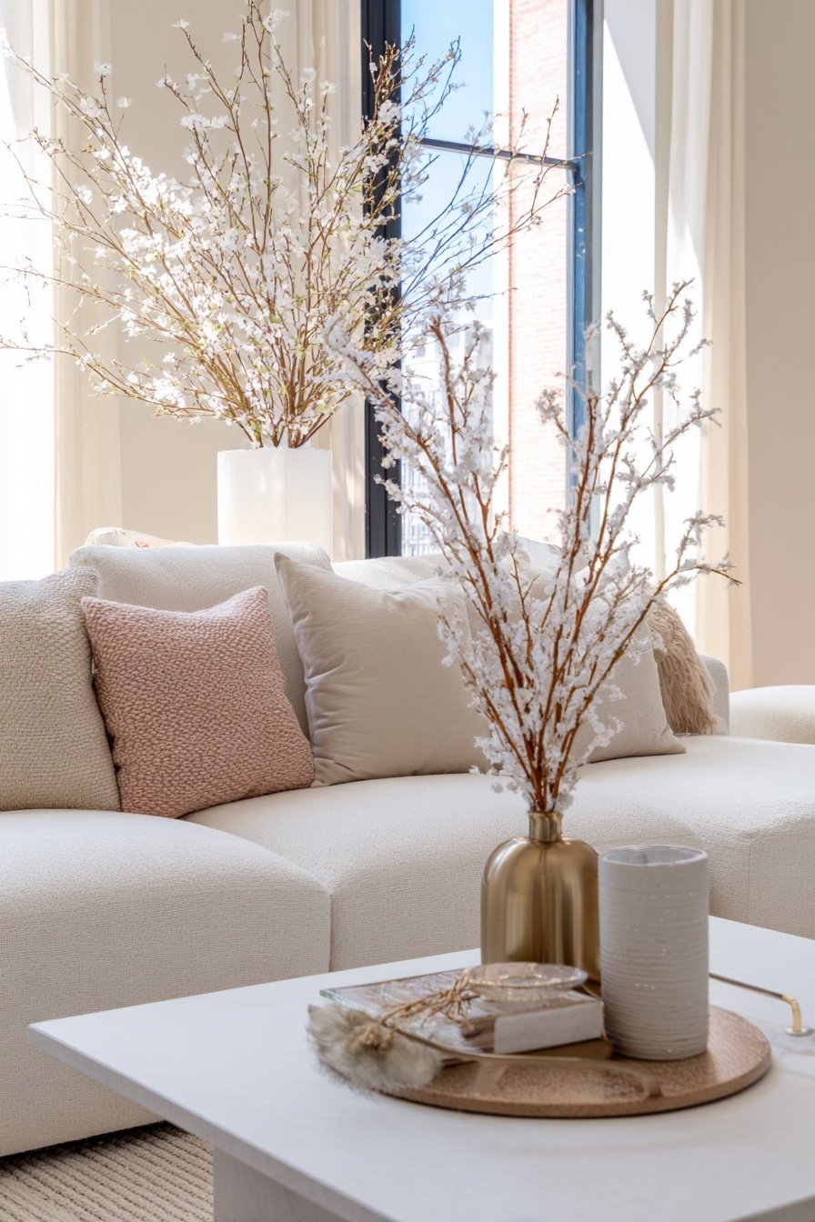 Zarte Deko-Zweige in Vasen auf Sofa und Tisch in einem hellen Wohnzimmer