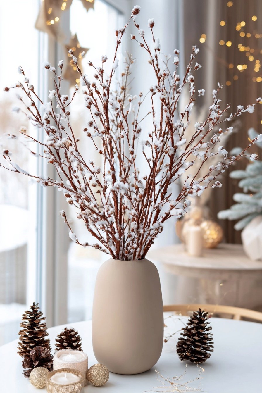 Schneebedeckte Zweige in einer beigefarbenen Vase auf dekorativem Wintertisch
