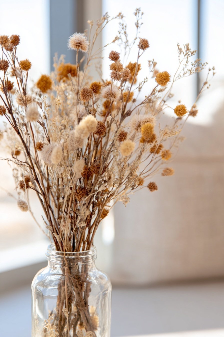 Getrocknete Äste und Zweige mit flauschigen Samenkapseln in einem Glasgefäß