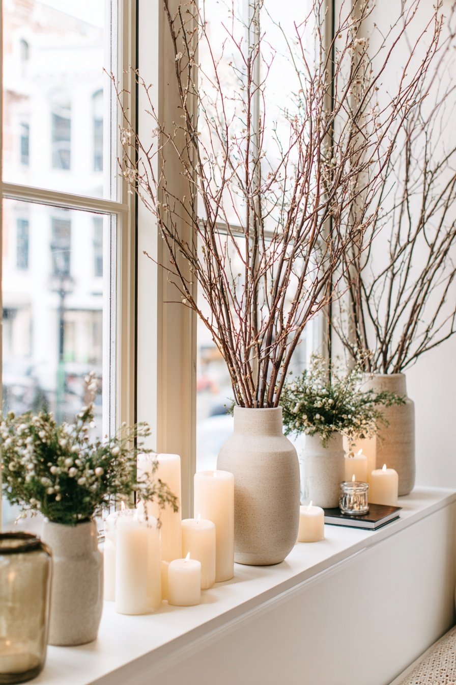 Zweige in weißen Vasen mit Kerzen auf einer Fensterbank