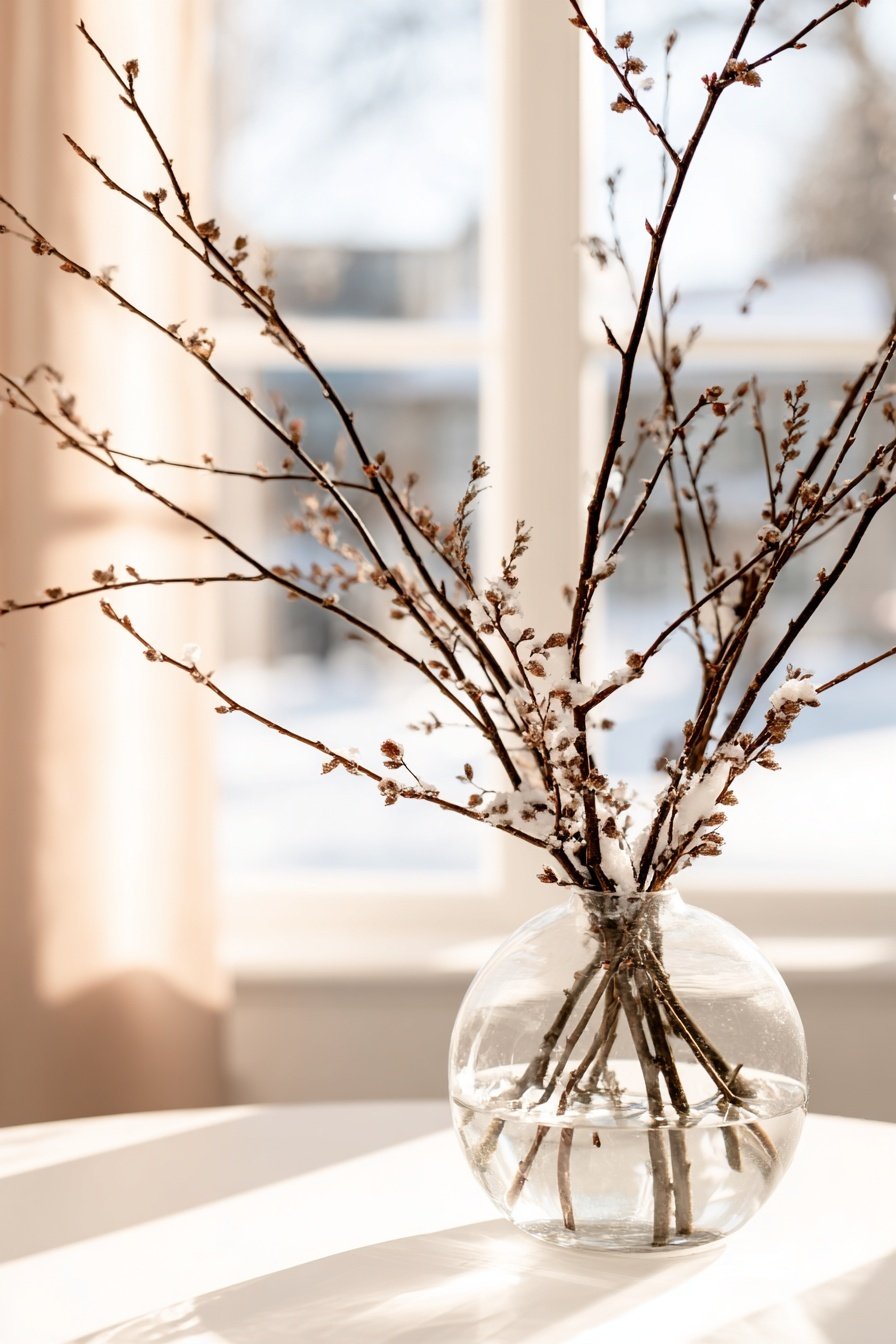 Winterliche Zweige mit Schneeresten in runder Glasvase auf hellem Tisch