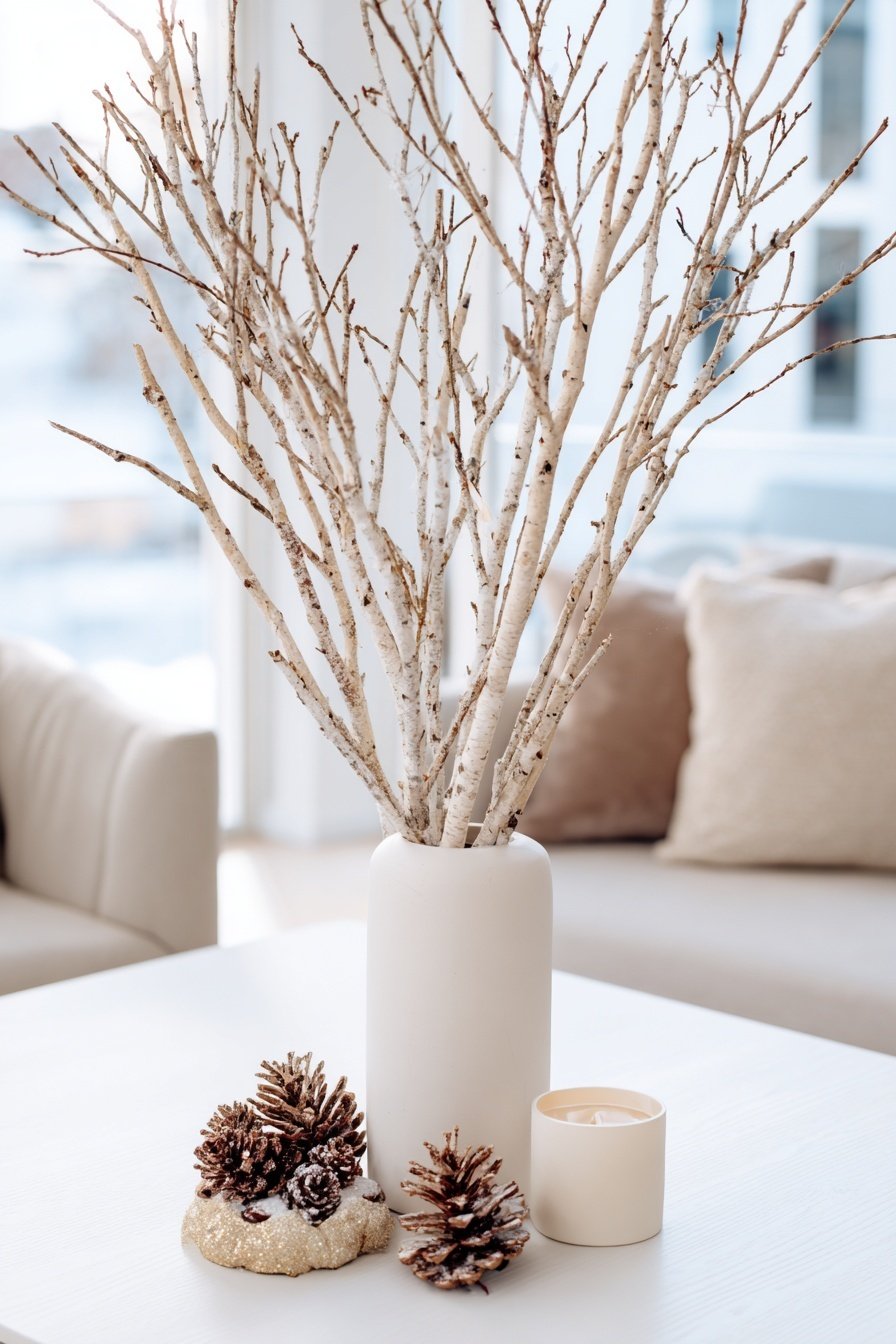 Dekorative weiße Vase mit kahlen Ästen, Tannenzapfen und Kerze auf einem weißen Tisch