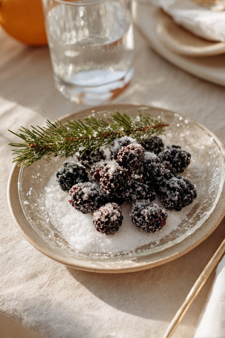 Mit Zucker überzogene Brombeeren und grüner Tannenzweig auf cremefarbenem Keramikteller