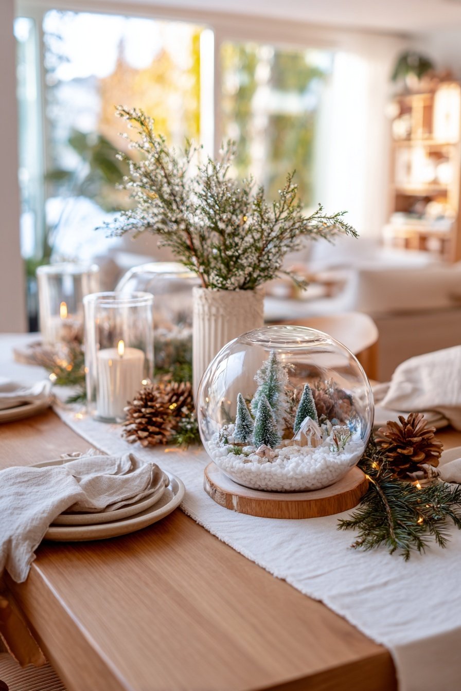 Stimmungsvolle Tischdeko mit Glaskugel im Winterdorf-Stil, Tannenzweigen und Kerzen