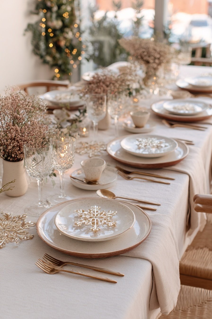Festlich gedeckter Tisch mit goldenen Schneeflocken und weiß-beigener Tischwäsche
