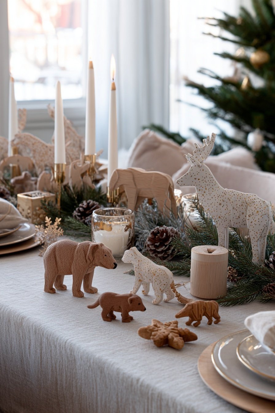 Festlich gedeckter Tisch mit Holzfiguren, Tannenzweigen, Kerzen und Winterdeko