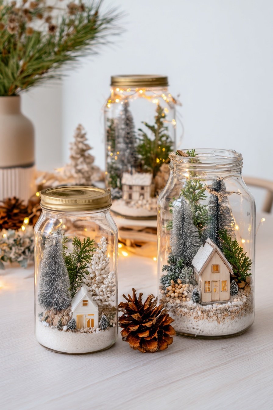 Drei Einmachgläser mit verschneiten Miniaturhäusern, Bäumen und Lichterketten als winterliche Tischdeko