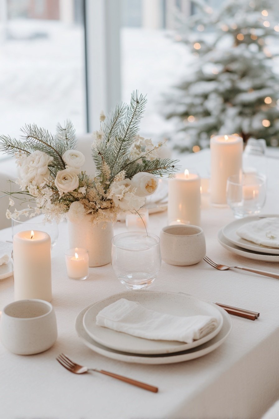 Festlich gedeckter Wintertisch mit weißen Blumen, Tannenzweigen und Kerzen