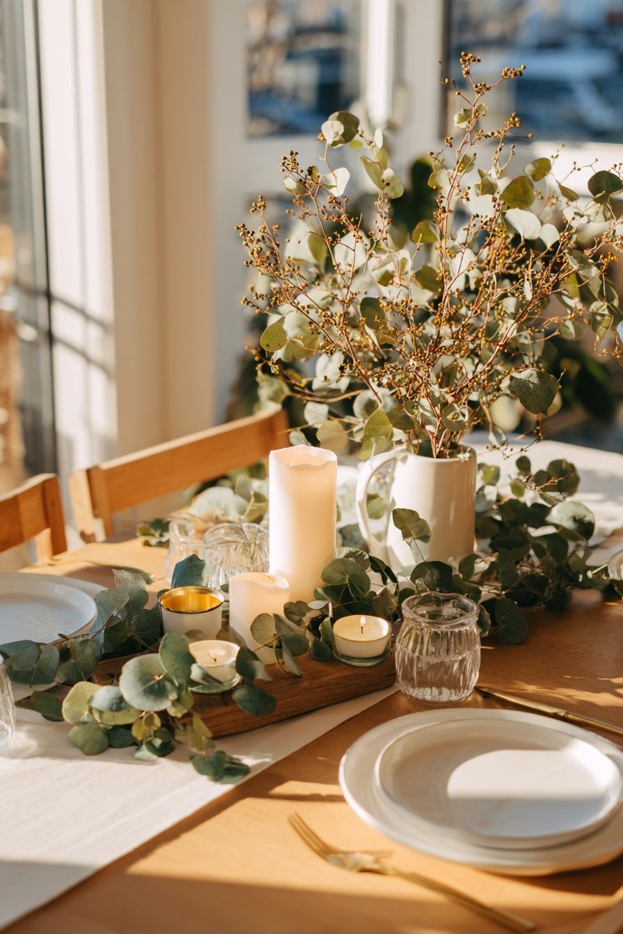 Stilvoll gedeckter Tisch mit Eukalyptus, Kerzen und schlichter Deko