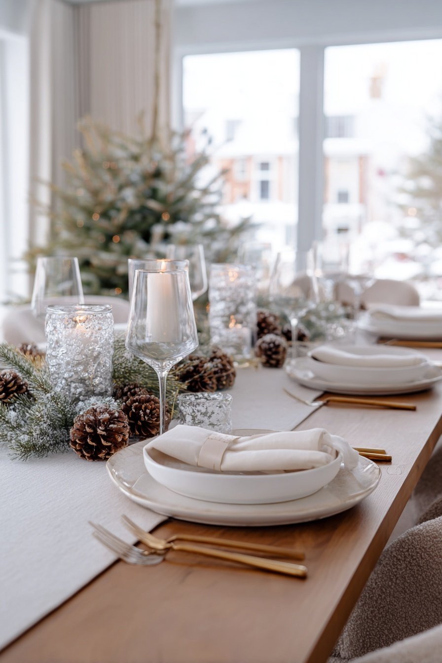 Eleganter winterlich gedeckter Tisch mit Kerzen, Tannenzapfen und Gläsern