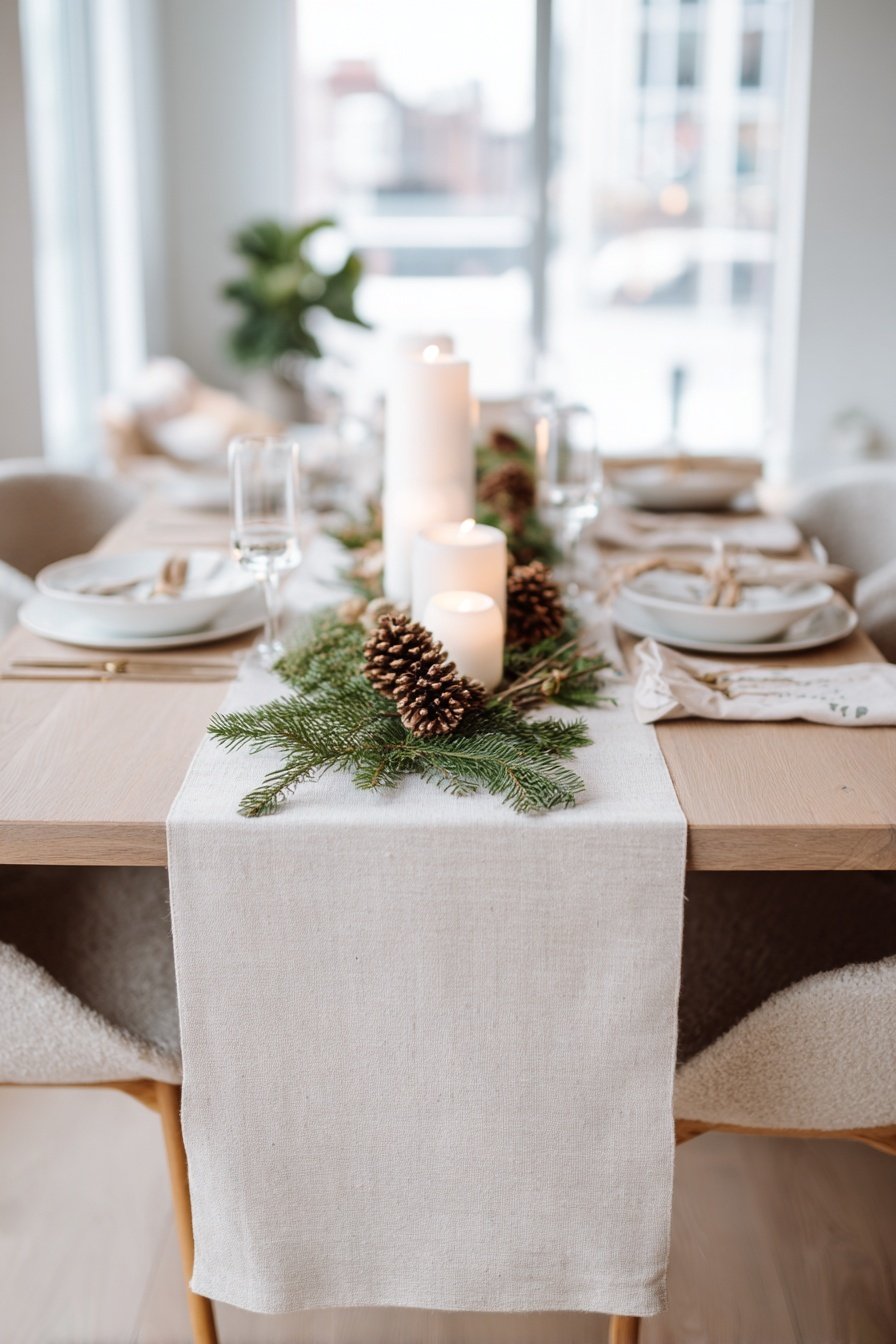 Winterliche Tischdeko mit Tannenzapfen, Tannenzweigen und weißen Kerzen auf hellem Tischläufer