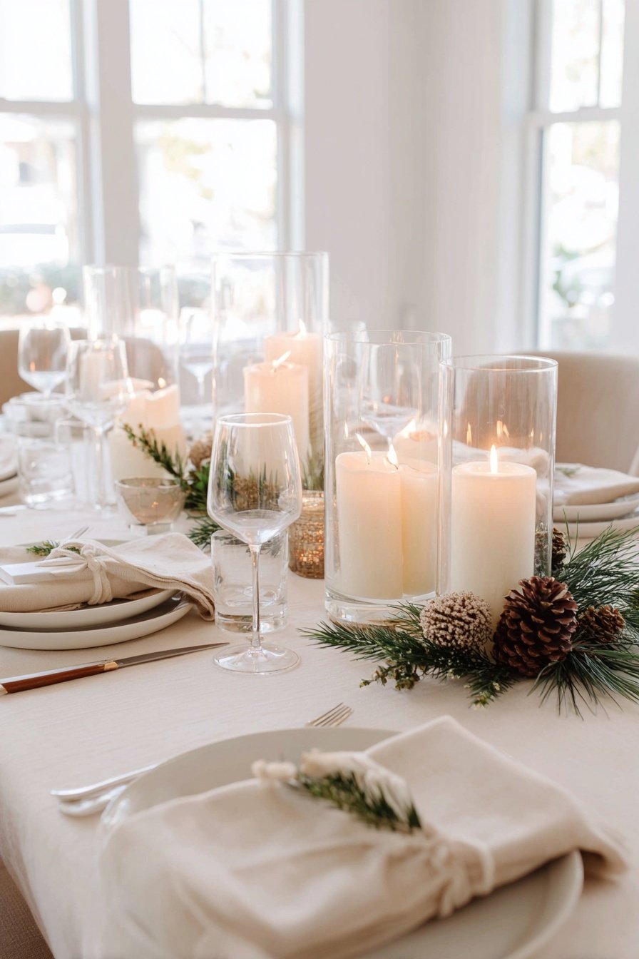 Winterlich gedeckter Esstisch mit Kerzen, Tannenzweigen und Zapfen