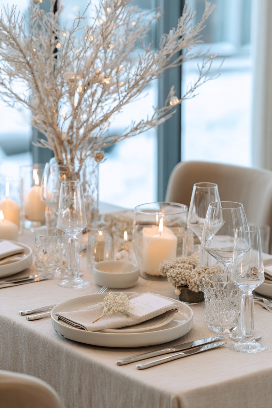 Weiß geschmückter Tisch mit Kerzen, Kristallgläsern und winterlichen Zweigen