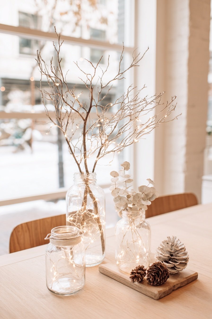 Gläser mit dekorativen Zweigen, Lichterketten und Tannenzapfen auf einem Tisch